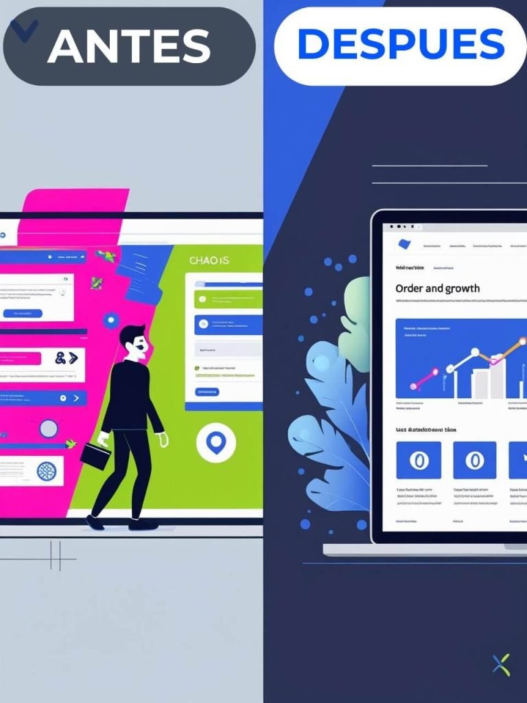 Ilustración de transformación digital: un empresario deja atrás una página web caótica por un sitio web moderno y optimizado para el crecimiento, diseñado por Jazoft.