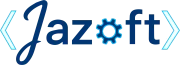 Logo de Jazoft con texto azul oscuro, engranaje y corchetes angulares azules.