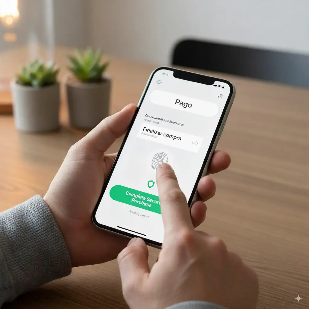 Mano de cliente comprando fácilmente en tienda online profesional desde celular, simbolizando e-commerce seguro y rápido.