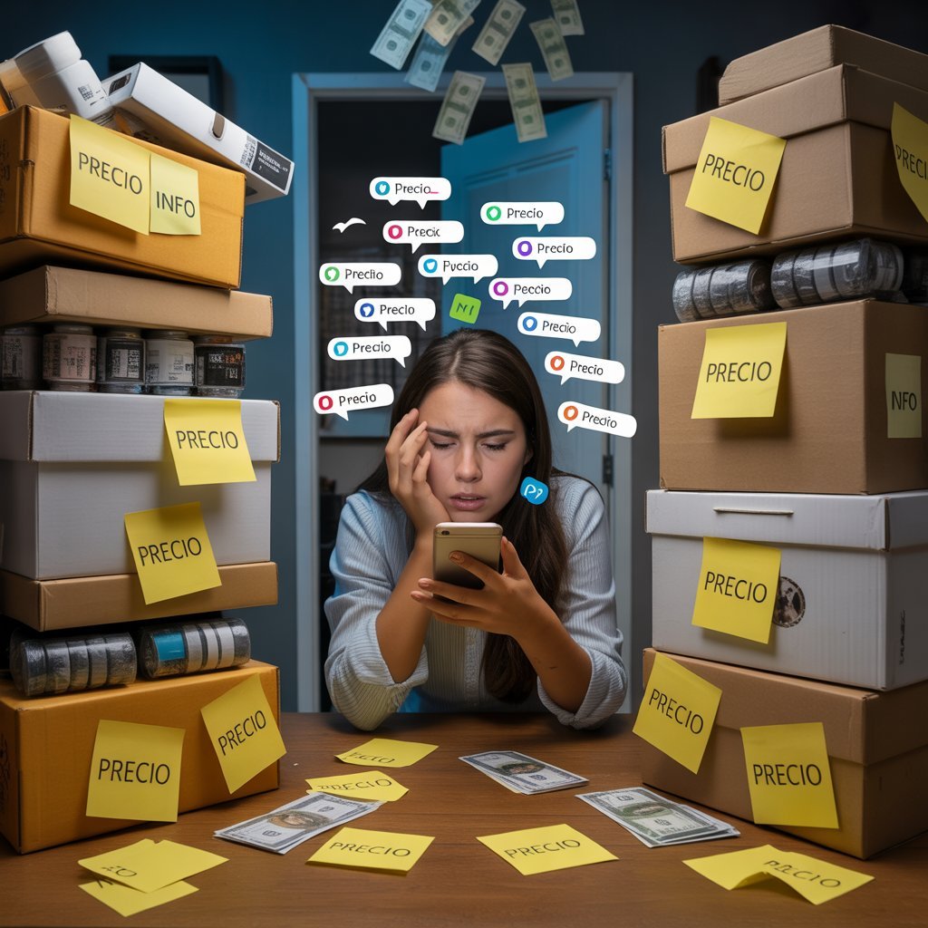 Emprendedora frustrada por el caos de vender en redes sociales. Está sentada frente a cajas que representan un mal control de inventario y es bombardeada por mensajes de "¿Precio?", simbolizando la pérdida de tiempo y ventas en su comercio electrónico manual.