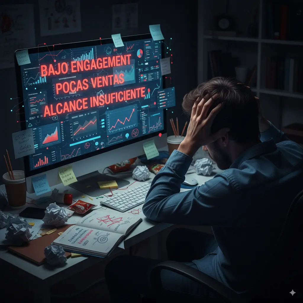 Persona frustrada por bajo rendimiento en marketing digital y redes sociales, con métricas negativas y contenido desorganizado.