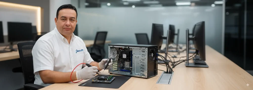 Técnico profesional de Jazoft diagnosticando y optimizando equipos informáticos e impresoras, garantizando funcionamiento impecable.