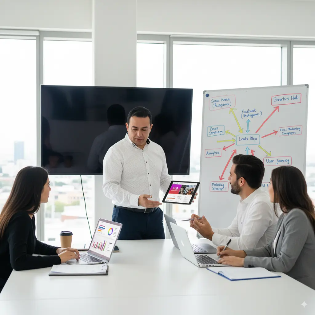 Equipo Jazoft de marketing digital colaborando en estrategia, analizando datos y creando contenido para el éxito online del cliente.