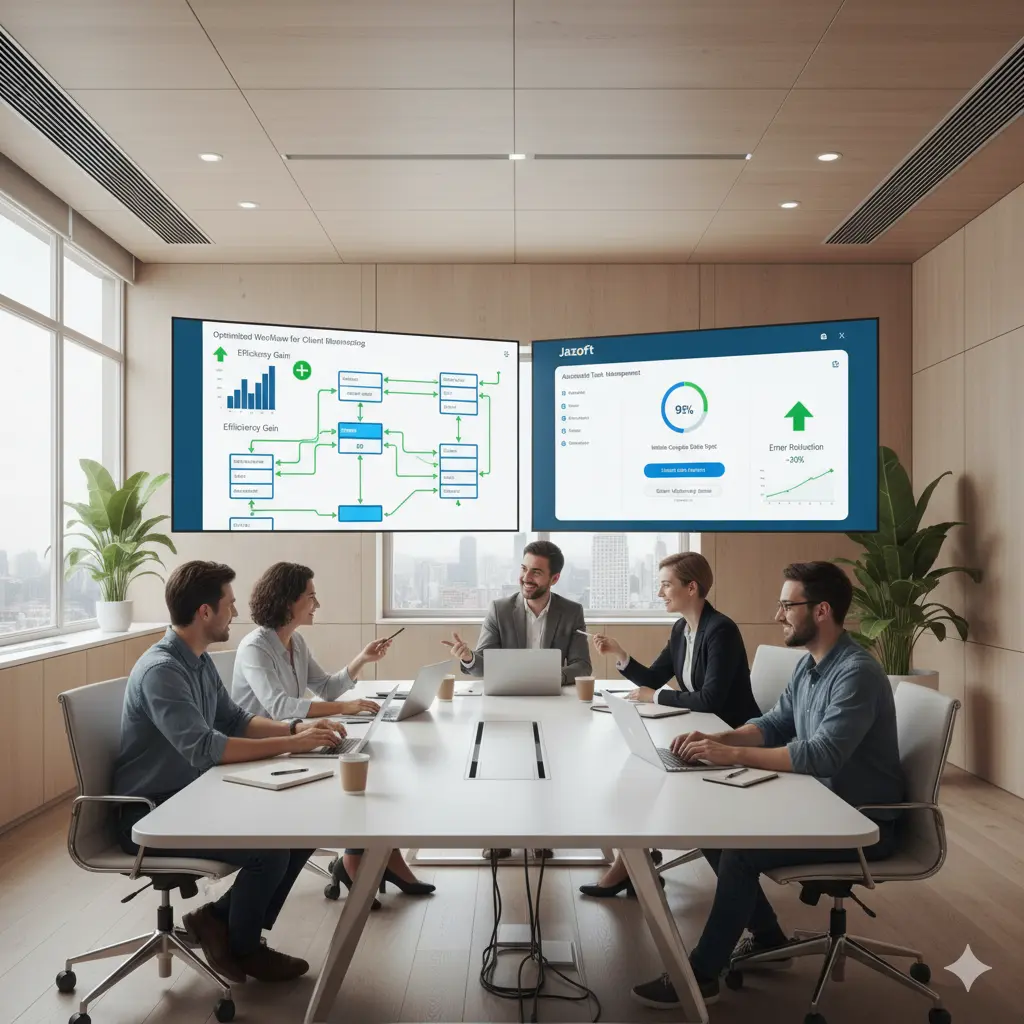 Equipo Jazoft diseñando software para optimización de procesos, mostrando diagramas de flujo y sistemas automatizados para eficiencia empresarial.
