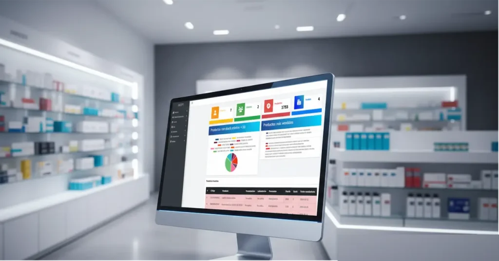 Interfaz de farmazoft en monitor moderno, mostrando gestión de inventario, ventas y productos vencidos en una droguería optimizada.