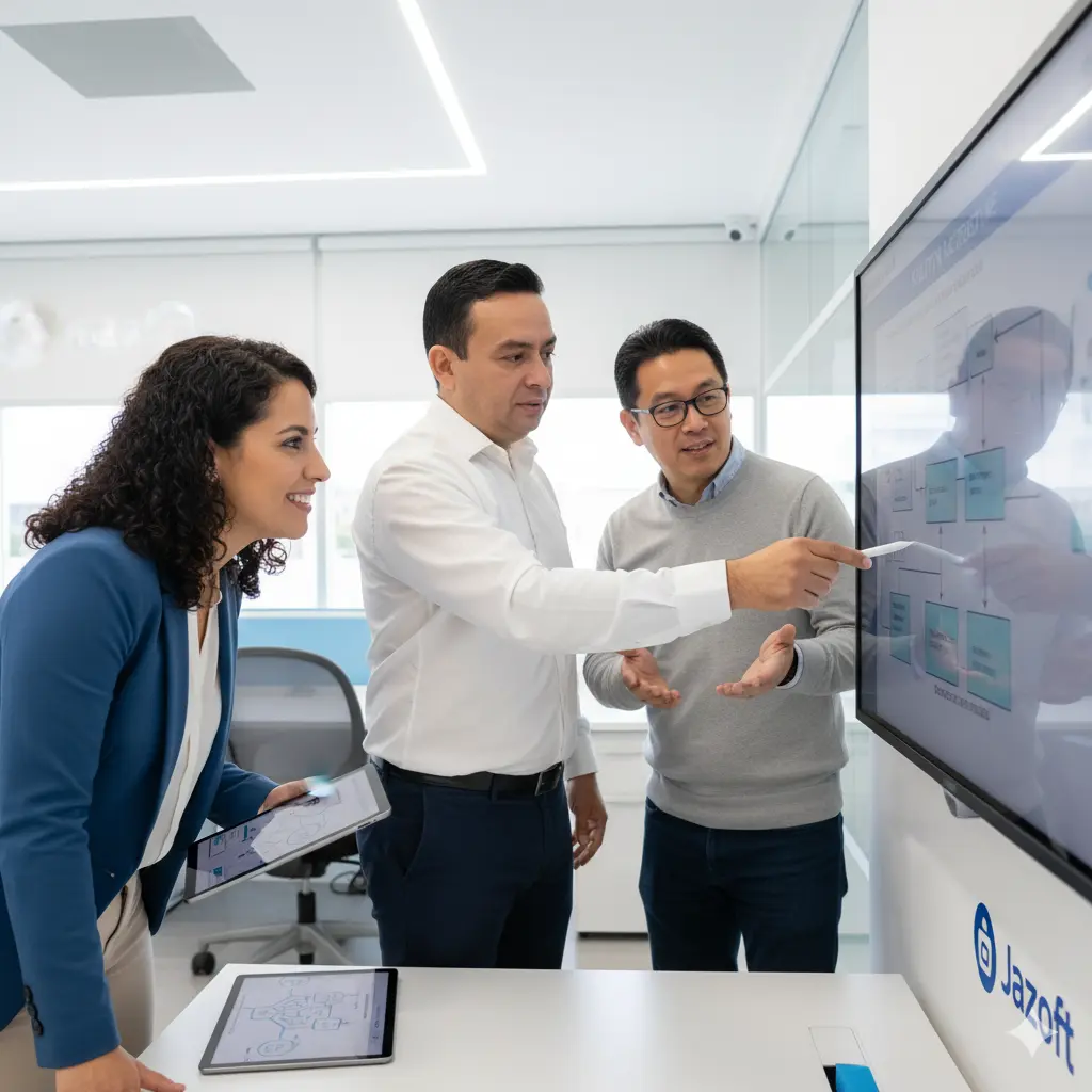 Equipo diverso de Jazoft colaborando estratégicamente en una pizarra moderna con diagramas de soluciones, simbolizando innovación y pensamiento conjunto.